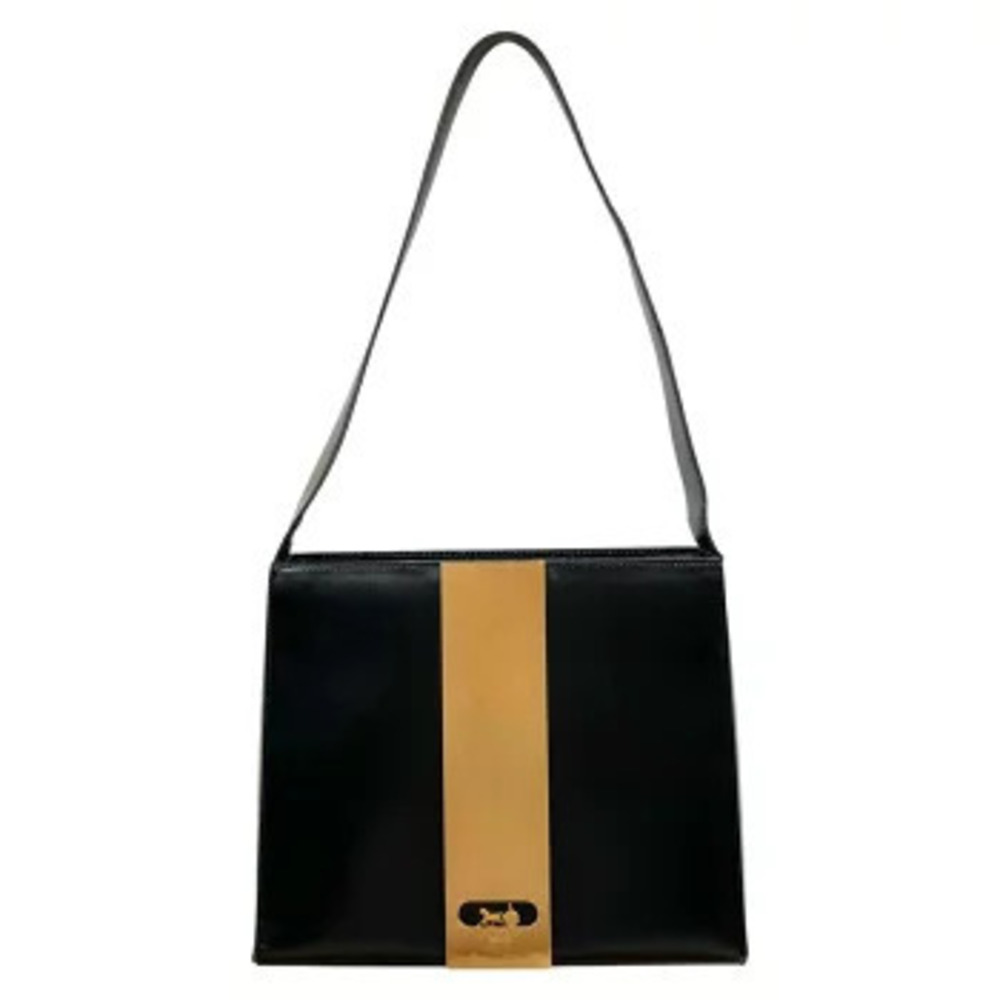 Celine black leather shoulder bag tan center stripe goldtone plaque